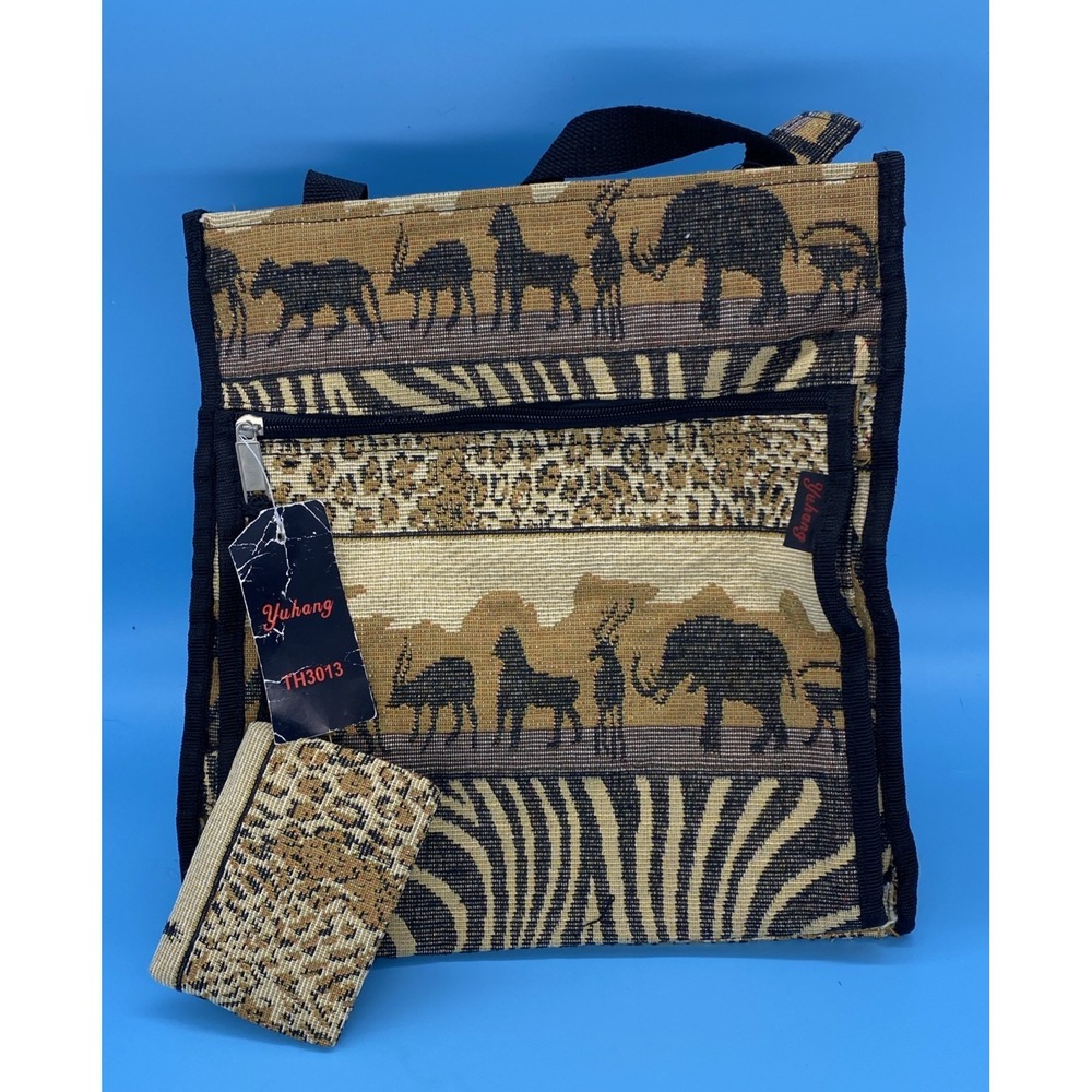 Vtg. Yuhan Safari Tapestry Tote Shoulder Bag Travel 11.5"x11"x5" Animal Print